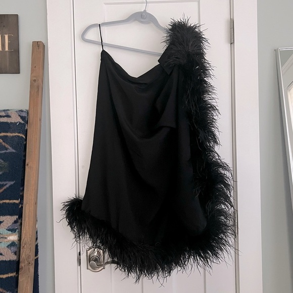 Cult Gaia Myrtle Feather Trimmed One Shoulder Dress Black NEW with tags - Picture 4 of 7